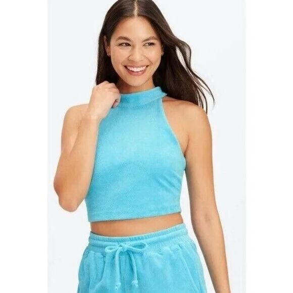 NWT Fabletics Terry Built-In Bra Tank Aqua Blue - Size: Large - Picture 1 of 11